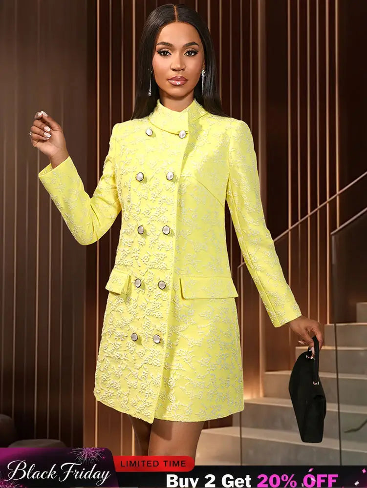 AOMEIDRESS Elegant Yellow Jacquard Blazer Dress Long Sleeve Gowns Yellow / S