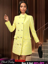 AOMEIDRESS Elegant Yellow Jacquard Blazer Dress Long Sleeve Gowns Yellow / S