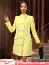 AOMEIDRESS Elegant Yellow Jacquard Blazer Dress Long Sleeve Gowns Yellow / S