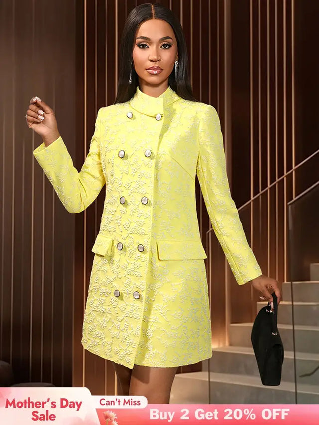 AOMEIDRESS Elegant Yellow Jacquard Blazer Dress Long Sleeve Gowns Yellow / S