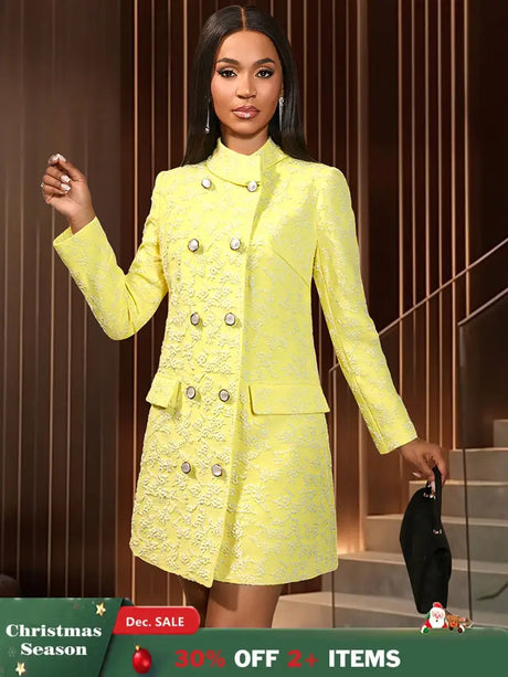 AOMEIDRESS Elegant Yellow Jacquard Blazer Dress Long Sleeve Gowns Yellow / S