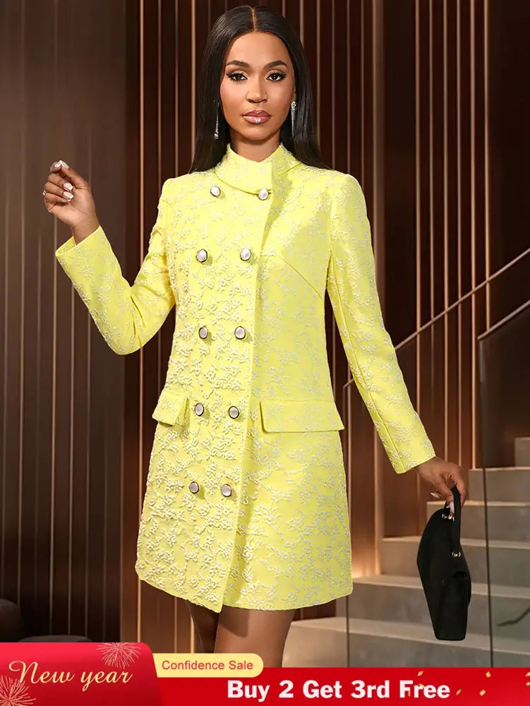 AOMEIDRESS Elegant Yellow Jacquard Blazer Dress Long Sleeve Gowns Yellow / S