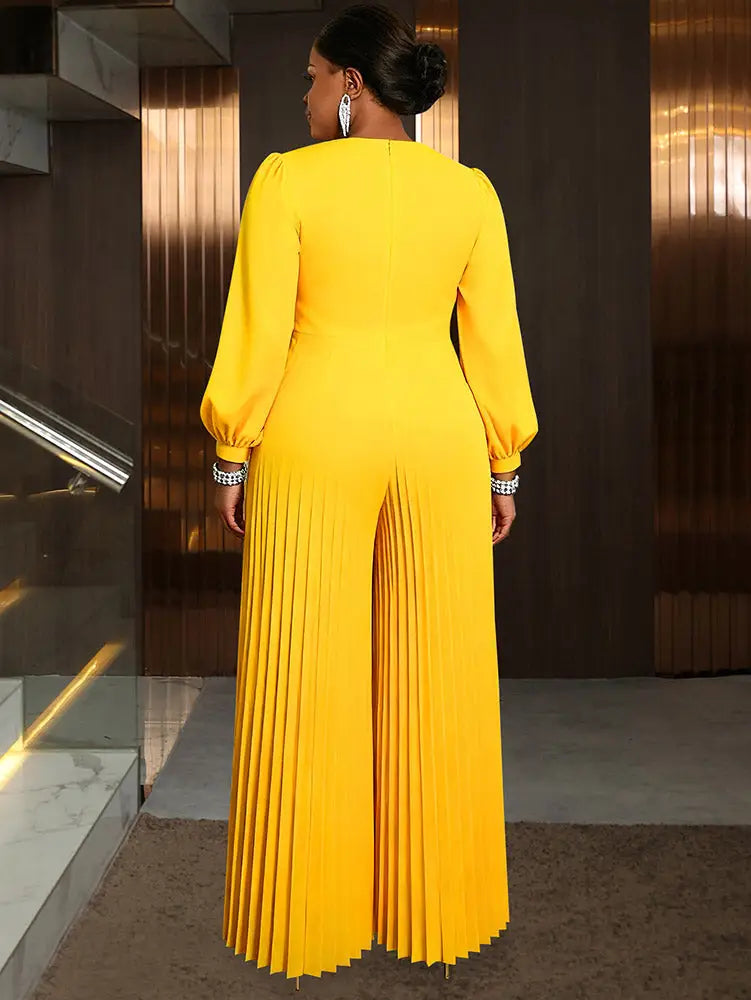 AOMEIDRESS Elegant Yellow Wide Leg Jumpsuit Beading Pleated Pant Legs