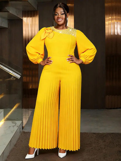 AOMEIDRESS Elegant Yellow Wide Leg Jumpsuit Beading Pleated Pant Legs