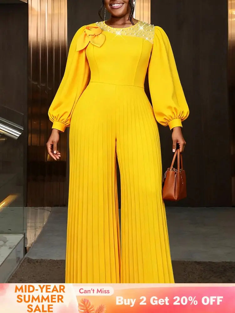 AOMEIDRESS Elegant Yellow Wide Leg Jumpsuit Beading Pleated Pant Legs - Yellow / L