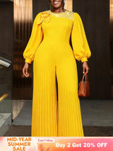 AOMEIDRESS Elegant Yellow Wide Leg Jumpsuit Beading Pleated Pant Legs - Yellow / L