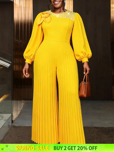 AOMEIDRESS Elegant Yellow Wide Leg Jumpsuit Beading Pleated Pant Legs - Yellow / L