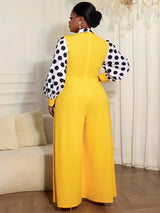 AOMEIDRESS Elegant Yellow Wide Leg Jumpsuit Contrast Dot Puff Sleeves
