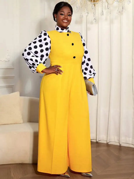 AOMEIDRESS Elegant Yellow Wide Leg Jumpsuit Contrast Dot Puff Sleeves