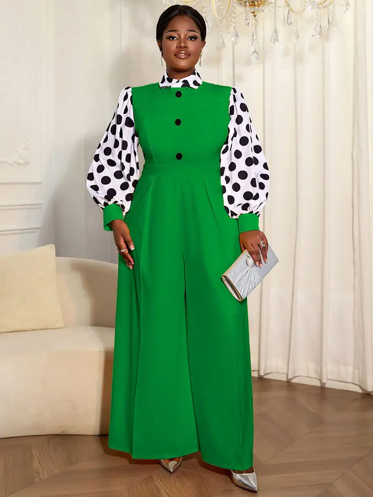 AOMEIDRESS Elegant Yellow Wide Leg Jumpsuit Contrast Dot Puff Sleeves Green / L