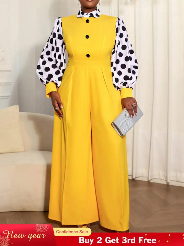 AOMEIDRESS Elegant Yellow Wide Leg Jumpsuit Contrast Dot Puff Sleeves Yellow / L