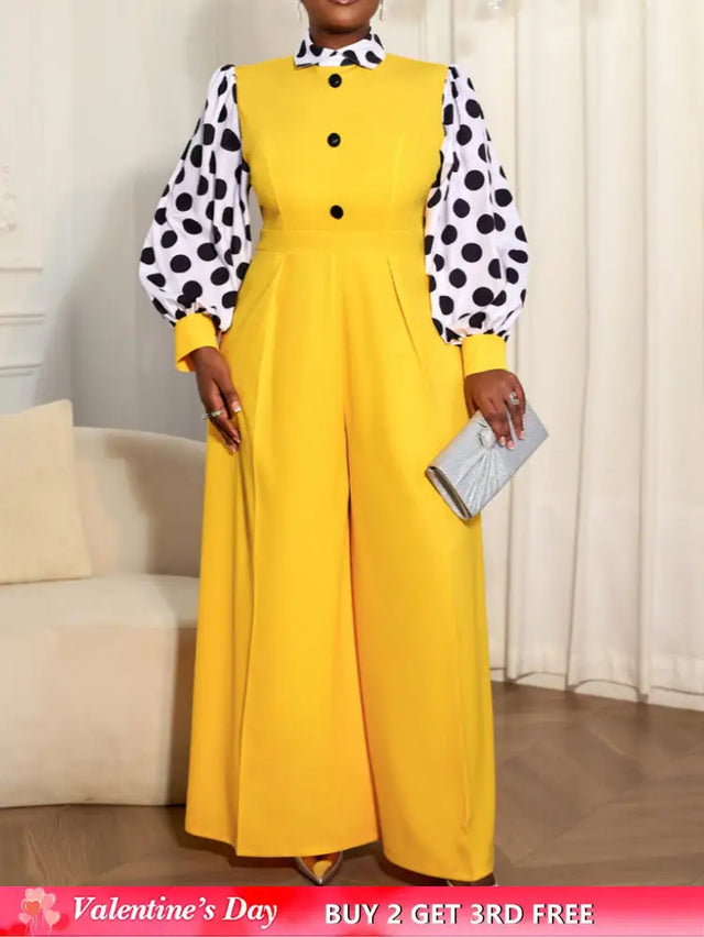 AOMEIDRESS Elegant Yellow Wide Leg Jumpsuit Contrast Dot Puff Sleeves Yellow / L