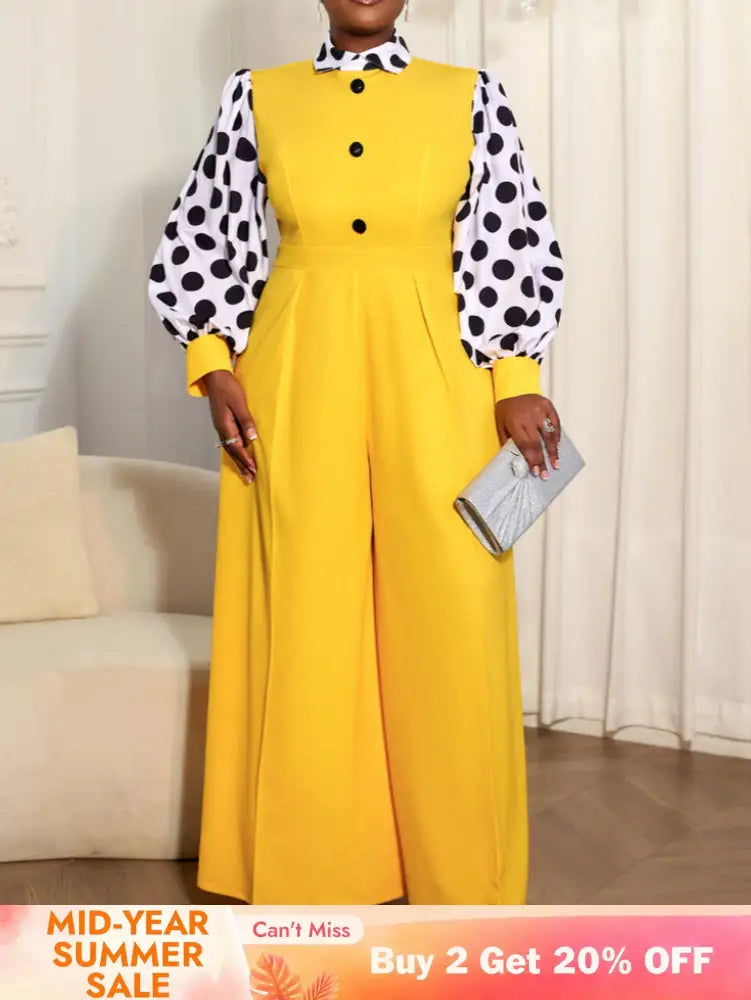 AOMEIDRESS Elegant Yellow Wide Leg Jumpsuit Contrast Dot Puff Sleeves Yellow / L