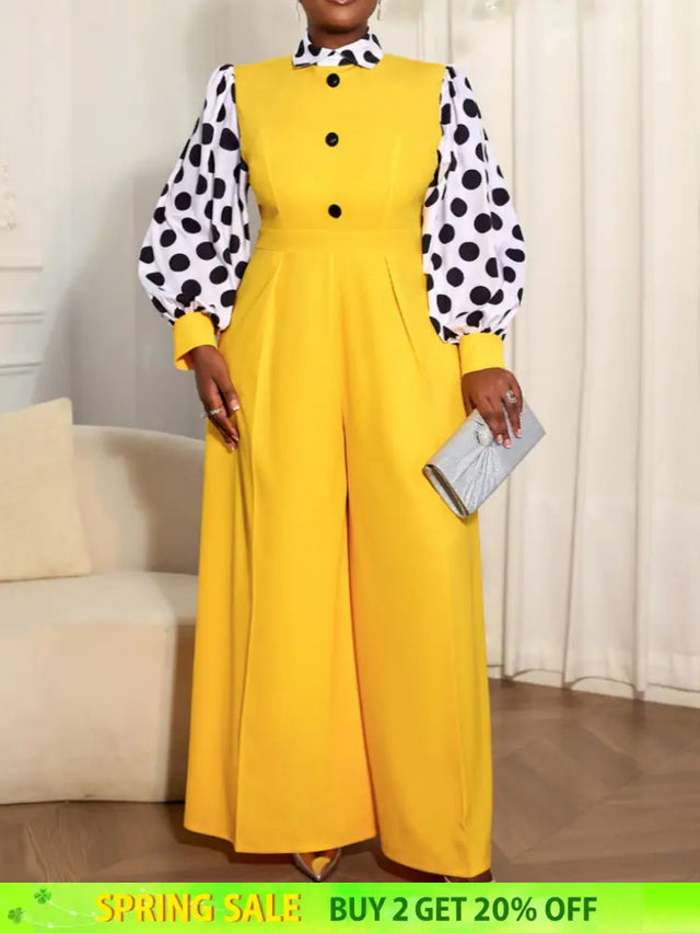 AOMEIDRESS Elegant Yellow Wide Leg Jumpsuit Contrast Dot Puff Sleeves Yellow / L