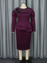 Banquet Ready Purple Floral Embroidery with Silver Thread Round Neck Long Sleeve Evening Gown