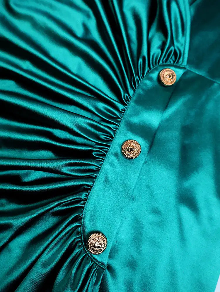 AOMEIDRESS Fashion Satin V Neck Folds Dress Button Split for Party