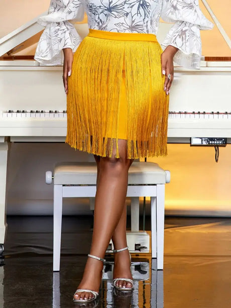 AOMEIDRESS Fashion Tassels Wrap Skirts Women Elastic Waist Dance Party Gold Gold / 0XL
