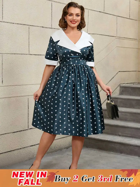 AOMEIDRESS Floral Print Turn Down Collar Short Sleeve A Line Dress
