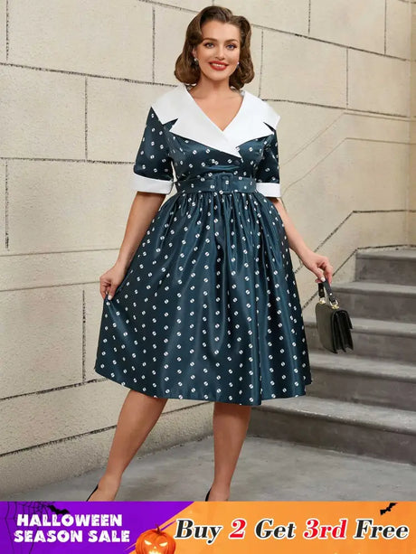 AOMEIDRESS Floral Print Turn Down Collar Short Sleeve A Line Dress
