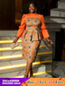 AOMEIDRESS Floral Printed Midi Dress Long Sleeve Patchwork Peplum Orange / S