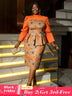 AOMEIDRESS Floral Printed Midi Dress Long Sleeve Patchwork Peplum Orange / S