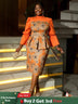 AOMEIDRESS Floral Printed Midi Dress Long Sleeve Patchwork Peplum Orange / S