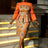 AOMEIDRESS Floral Printed Midi Dress Long Sleeve Patchwork Peplum Orange / S