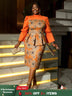 AOMEIDRESS Floral Printed Midi Dress Long Sleeve Patchwork Peplum Orange / S