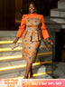AOMEIDRESS Floral Printed Midi Dress Long Sleeve Patchwork Peplum Orange / S