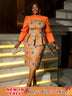 AOMEIDRESS Floral Printed Midi Dress Long Sleeve Patchwork Peplum Orange / S