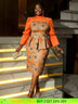 AOMEIDRESS Floral Printed Midi Dress Long Sleeve Patchwork Peplum Orange / S