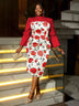 AOMEIDRESS Floral Printed Midi Dress Long Sleeve Patchwork Peplum Red / S