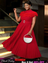 AOMEIDRESS Formal Dresses for Weddings Pleated Ruffle High Neck S / Red