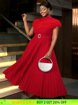 AOMEIDRESS Formal Dresses for Weddings Pleated Ruffle High Neck S / Red