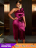 AOMEIDRESS Formal Summer Wedding Guest Dresses 3D Flower One Shoulder Wine / S