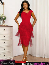 AOMEIDRESS Fringe Dresses for Women Deep V Neck Sexy Party Dress Red / S