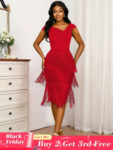 AOMEIDRESS Fringe Dresses for Women Deep V Neck Sexy Party Dress Red / S