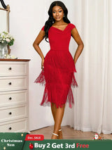 AOMEIDRESS Fringe Dresses for Women Deep V Neck Sexy Party Dress Red / S