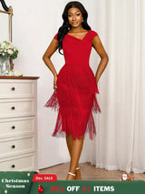 AOMEIDRESS Fringe Dresses for Women Deep V Neck Sexy Party Dress Red / S