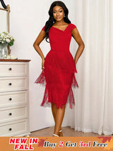 AOMEIDRESS Fringe Dresses for Women Deep V Neck Sexy Party Dress Red / S