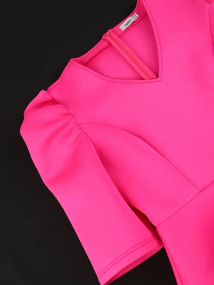 AOMEIDRESS Fuchsia V Neck Half Sleeve Ruffles Office Dress