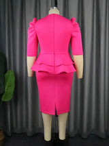 AOMEIDRESS Fuchsia V Neck Half Sleeve Ruffles Office Dress