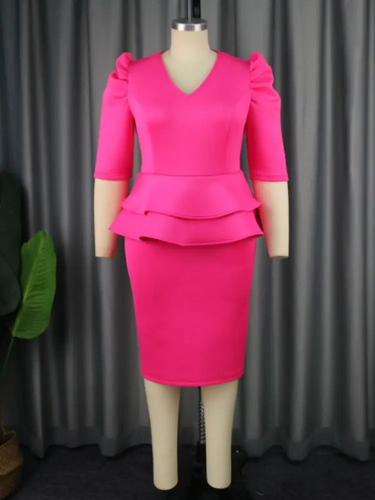 AOMEIDRESS Fuchsia V Neck Half Sleeve Ruffles Office Dress