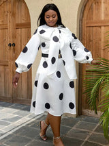 AOMEIDRESS Full Sleeve Polka Dots Print Casual Sash A-line Party Dress