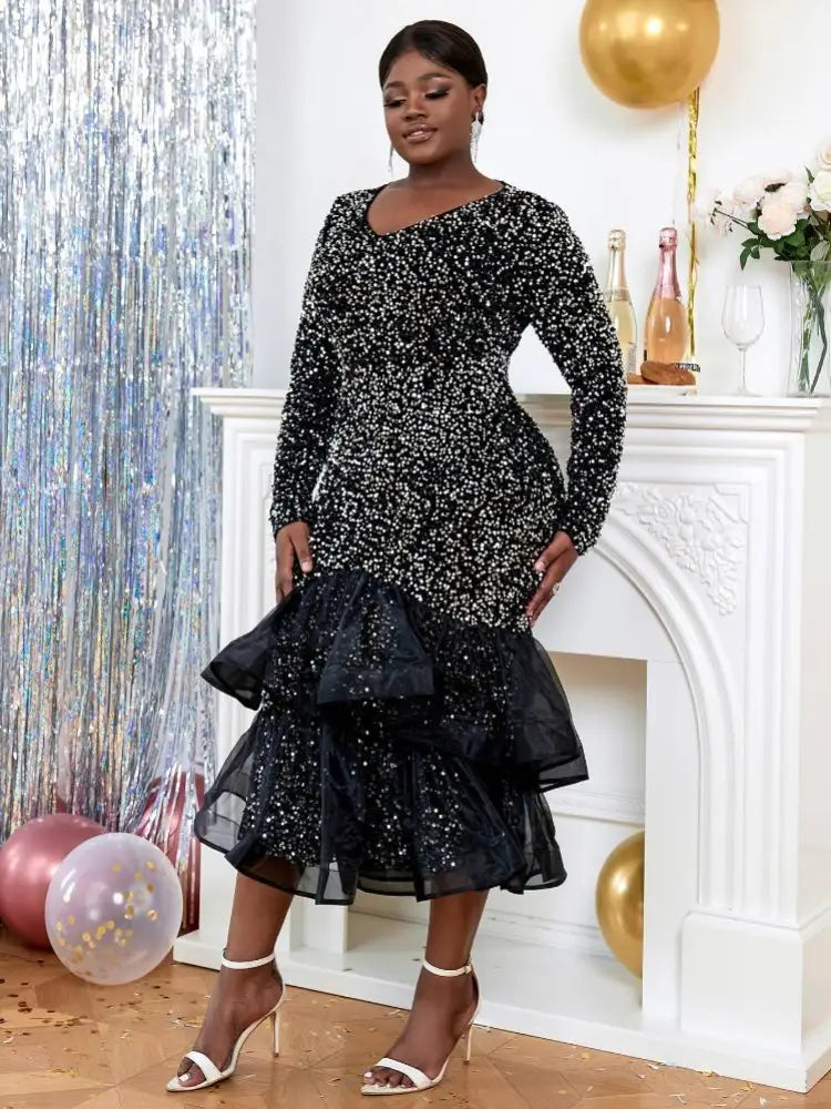 Shiny Sequins and Fishtail Hem Bodycon Dress long party dresses