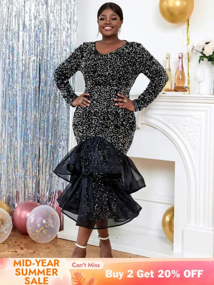 AOMEIDRESS Black Sequin Formal Dress for Women Long Sleeve Velvet Maxi Party Gown – AOMEI DRESS