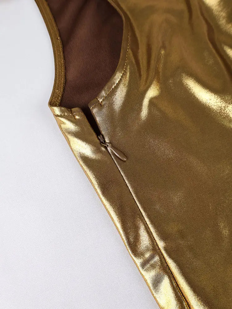 AOMEIDRESS Gold Bodycon Dress One Shoulder Bow Hollow Out Waist Pleat