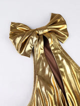 AOMEIDRESS Gold Bodycon Dress One Shoulder Bow Hollow Out Waist Pleat