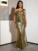 AOMEIDRESS Gold Bodycon Slit Dress Wrinkles One Shoulder Sleeveless