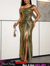 AOMEIDRESS Gold Bodycon Slit Dress Wrinkles One Shoulder Sleeveless - Gold / S